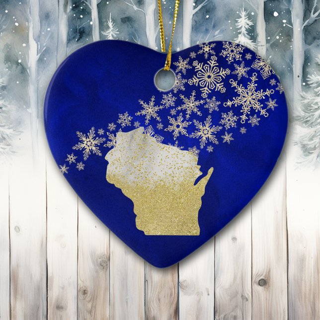 Blue Guld Snowflake Wisconsin Heart Julgransprydnad Keramik (Skapare uppladdad)