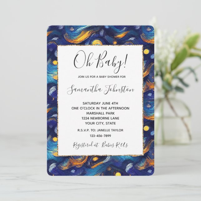 Blue Guld Starry Himmel Baby Shower Inbjudningar (Stående Fram)