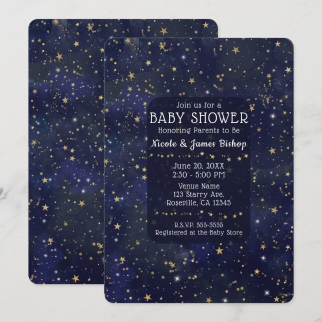 Blue & Guld Starry Night Himmel Celestial Baby Sho Inbjudningar (Fram/baksida)