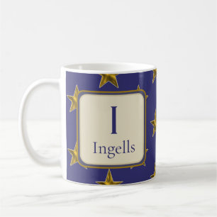 Blue Guld Stars Efternamn Monogram Initial Kaffemugg
