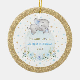 Blue Guld Stars Elephant Baby Första jul Julgransprydnad Keramik