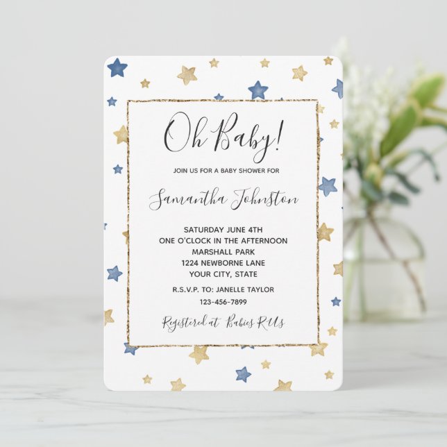 Blue Guld Stars White Baby Shower Inbjudningar (Stående Fram)