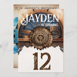 Blue Guld Steampunk Födelsedagsfest Inbjudningar