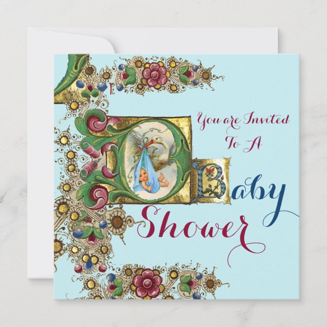 BLUE GULD STORK BOY BABY SHOWER BLOMMIGT MONOGRAM INBJUDNINGAR (Framsida)