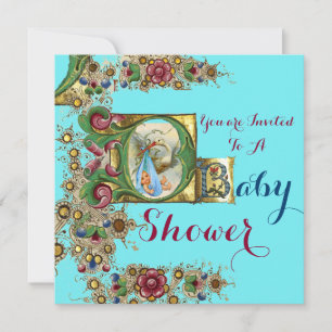 BLUE GULD STORK BOY BABY SHOWER BLOMMIGT MONOGRAM INBJUDNINGAR