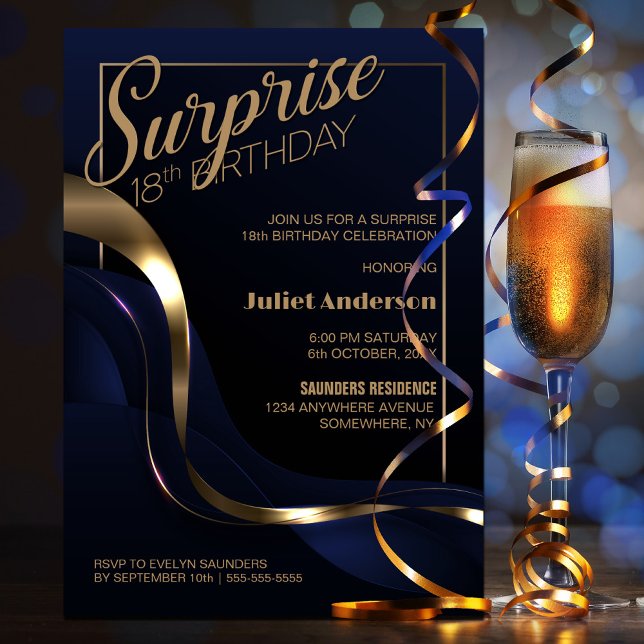 Blue Guld Surprise 18:e Födelsedagsfest inbjudan (Skapare uppladdad)