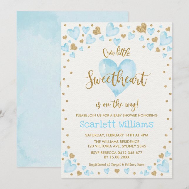 Blue Guld SweBaby Valentiness Boy Shower Inbjudningar (Fram/baksida)