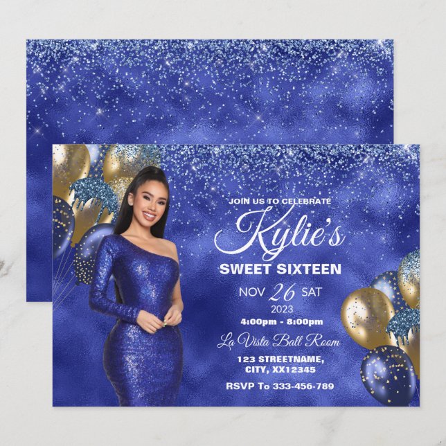 Blue & Guld Sweet 16 Girl Birthday-inbjudan Inbjudningar (Fram/baksida)