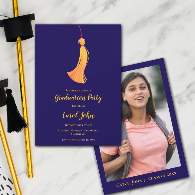 Blue Guld Tassel Cute Photo 2025 Studentfest Inbjudningar (Blue Gold Tassel Cute Photo 2025 Graduation Party Invitation)