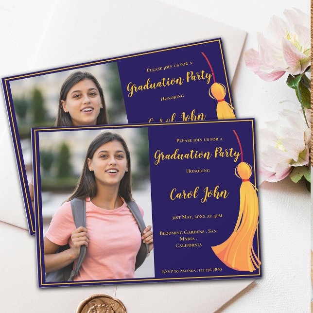 Blue Guld Tassel Elegant 2025 Studentfest Inbjudningar (Blue Gold Tassel Elegant 2025 Graduation Party Invitation)