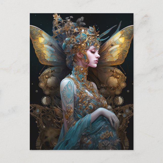 Blue Guld Techno Butterfly Woman Fantasy Art Vykort (Framsida)