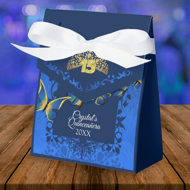 Blue, Guld Tiara Butterfly Quinceanera Favor Box Presentaskar (royal blue quinceanera gift bag party favor personalized gift box blue gold butterfliy)