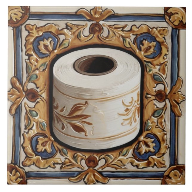 Blue Guld Toilet Papper Roll Funny Bathroom Kakelplatta (Framsidan)