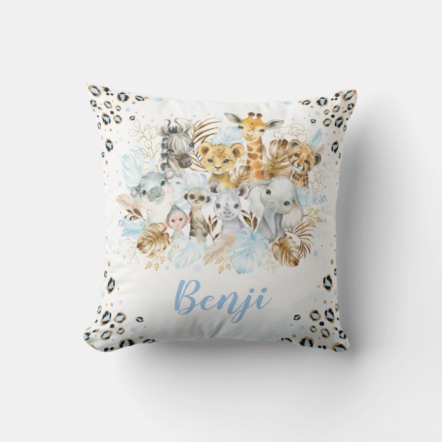 Blue Guld Tropical Jungle Safari Animals Nursery Kudde (Framsida)