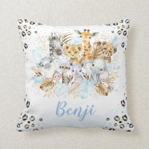 Blue Guld Tropical Jungle Safari Animals Nursery Kudde