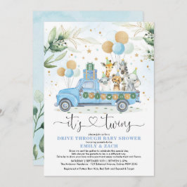 Blue Guld Twin Boys Jungle Drive Thru Baby Shower Inbjudningar