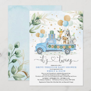 Blue Guld Twin Boys Jungle Drive Thru Baby Shower Inbjudningar