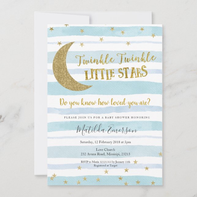 Blue Guld Twinkle Little Star Baby Shower Inbjudningar (Framsida)