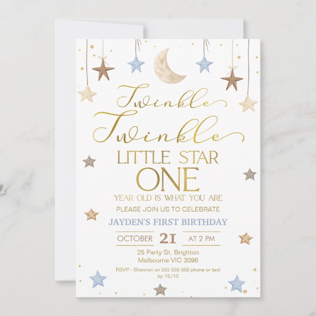 Blue Guld Twinkle Little Star Photo Birthday Inbjudningar (Framsida)