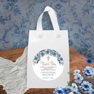 Blue Guld Watercolor Blommigt Boy Baptism Tack Runt Klistermärke