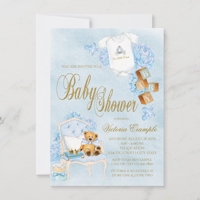 Blue Guld Watercolor Boy Baby Shower Inbjudningar (Framsida)
