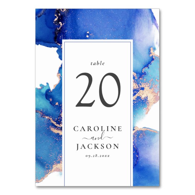 Blue Guld Watercolor Bröllop Bordsnummer (Framsidan)