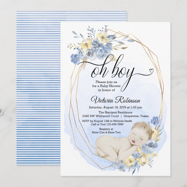 Blue Guld Watercolor Oh Boy Baby Shower Inbjudningar (Fram/baksida)