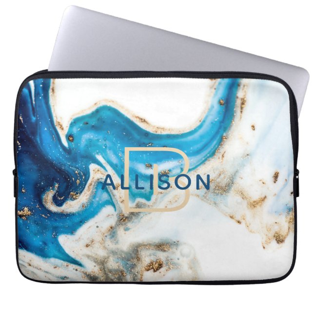 Blue Guld White Marble Abstrakt Art Monogram Laptop Fodral (Framsidan)