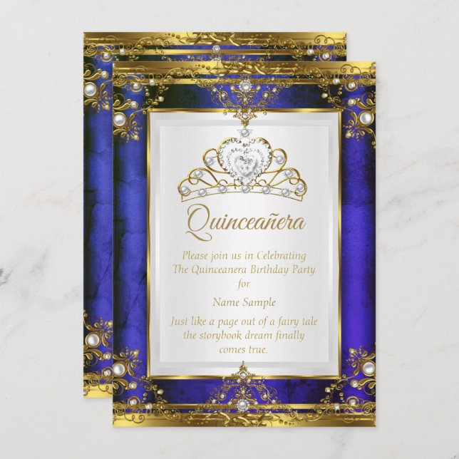 Blue Guld White Pearl Princess Quinceanera Inbjudningar (Fram/baksida)