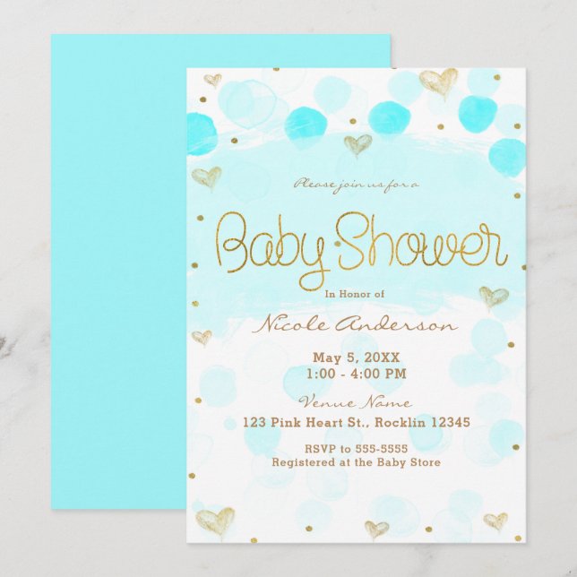 Blue Guld White Polka dots & Hearts Baby Shower Inbjudningar (Fram/baksida)