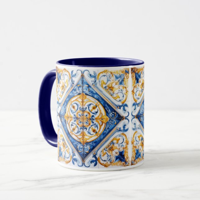 Blue Guld & White Talavera Azulejo Tile Titta Mugg (Framsida vänster)