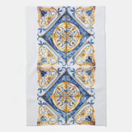 Blue Guld & White Talavera Azulejo Tile-utseende Kökshandduk