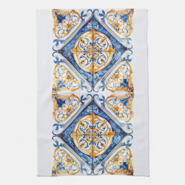Blue Guld & White Talavera Azulejo Tile-utseende Kökshandduk (Vertikal)