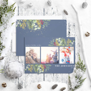 Blue Guld Winter Botanical Grey Berries Photo Julkort