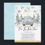 Blue Guld Winter Drive Thru Pojke Shower Inbjudningar<br><div class="desc">Fjort,  Honk,  Shout och Wave! Unik kallemed-inbjudan för genomgång av babydusch under vintern med elegant vattenfärgsblått ro & grönt och chic vintage bil</div>