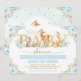 Blue Guld Woodland Boy Baby Shower Forest Animals Inbjudningar