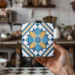 Blue Gult Azulejo Mediterranean Blommigt Home Deco Kakelplatta