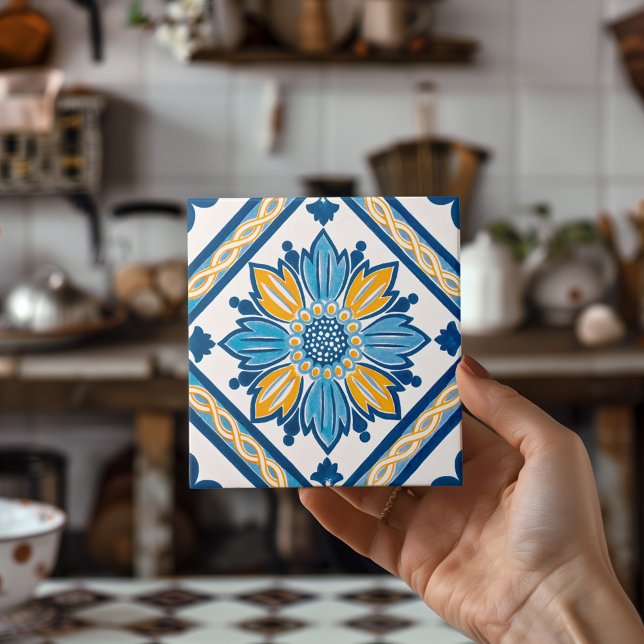 Blue Gult Azulejo Mediterranean Blommigt Home Deco Kakelplatta (Blue Yellow Azulejo Mediterranean Floral Home Deco Ceramic Tile)