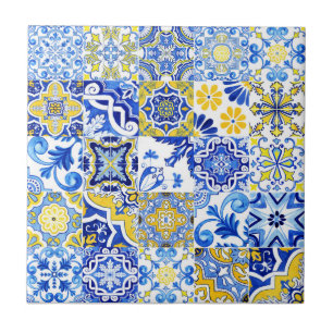 Blue & Gult Azulejo Portugisiska Majolica Mosaic Kakelplatta