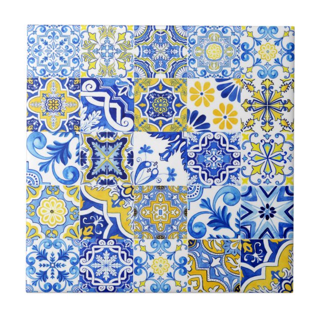 Blue & Gult Azulejo Portugisiska Majolica Mosaic Kakelplatta (Framsidan)