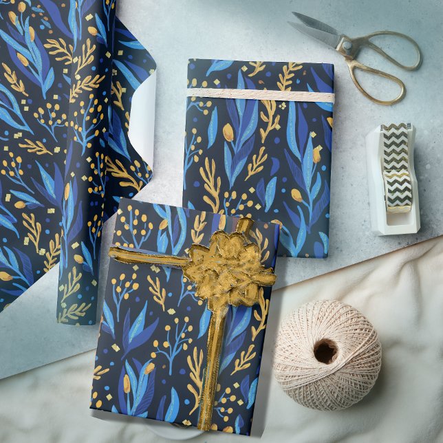 Blue Gult blommigt Hanukkah Mönster Presentpapper (Blue Yellow floral Hanukkah Pattern Wrapping Paper)