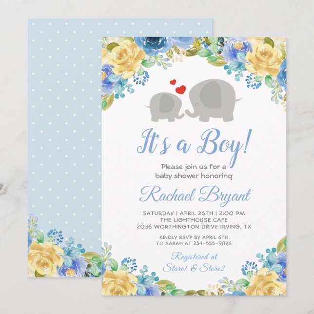 Blue Gult Blommigt Ro Boy Elephant Baby Shower Inbjudningar (Fram/baksida)