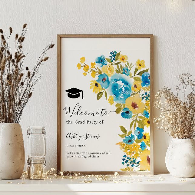 Blue Gult Bold Wildblomme Studenten Välkommen Poster (Blue Yellow Bold Wildflower Graduation Welcome Poster)