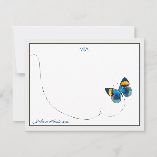 Blue Gult Butterfly in Flight Monogram Namn Anteckningskort (Framsida)