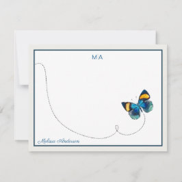 Blue Gult Butterfly in Flight Monogram Namn Anteckningskort