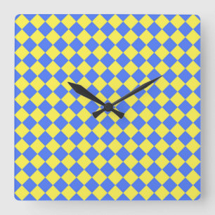 Blue Gult Checker Diamond Mönster Fyrkantig Klocka