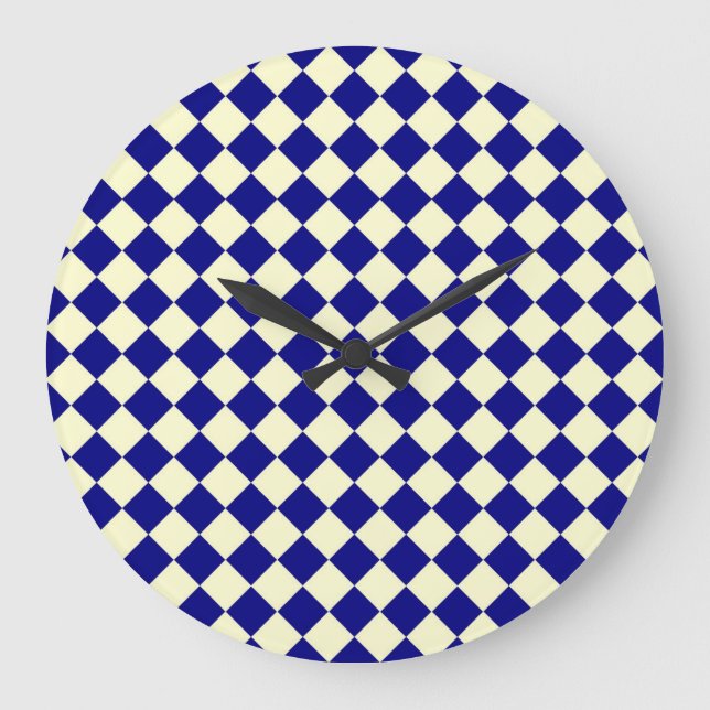 Blue Gult Checker Diamond Mönster Stor Klocka (Framsida)