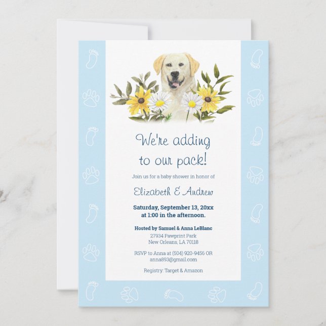 Blue Gult Labrador Hund Baby Shower-inbjudan Inbjudningar (Framsida)