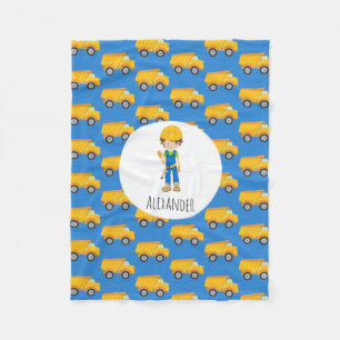 Blue Gult Lastbil Boy Construction Worker Fleecefilt