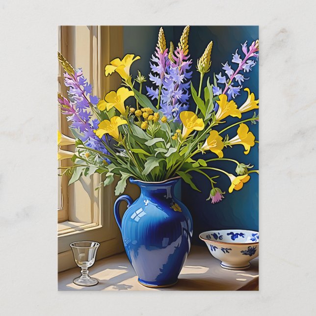 Blue Gult Lila Bouquet Art Vykort (Framsida)